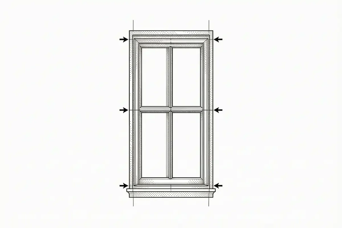 A cutaway front view of a box sash window with the two sashes, the meeting rail, the parting bead and the staff bead drawn in thin ink, the draught gaps marked with small arrows