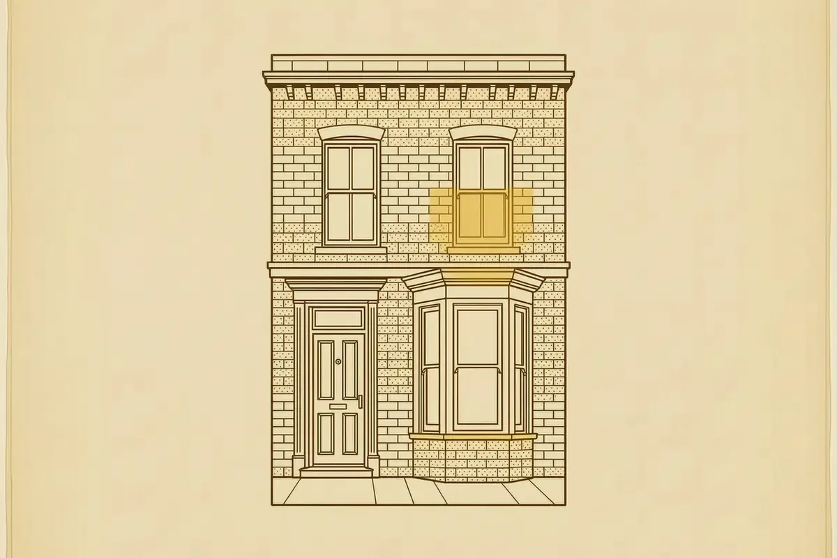 Line drawing of a Georgian box sash window cut away to show the brush pile seal in the parting bead